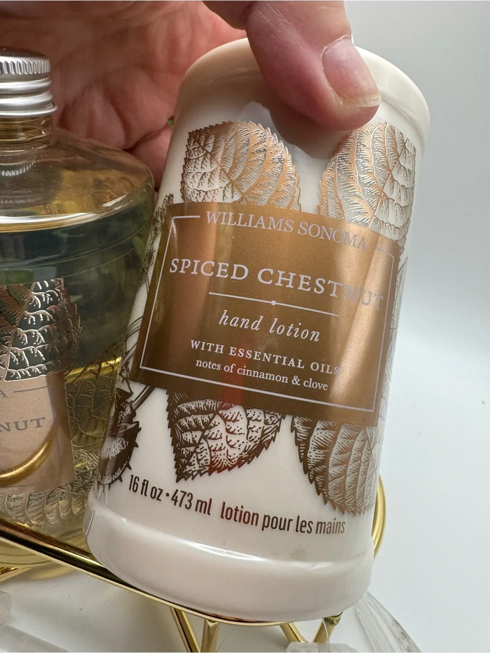 Williams Sonoma spiced chestnut hand soap and lotion set, NWT. With tray & pumps